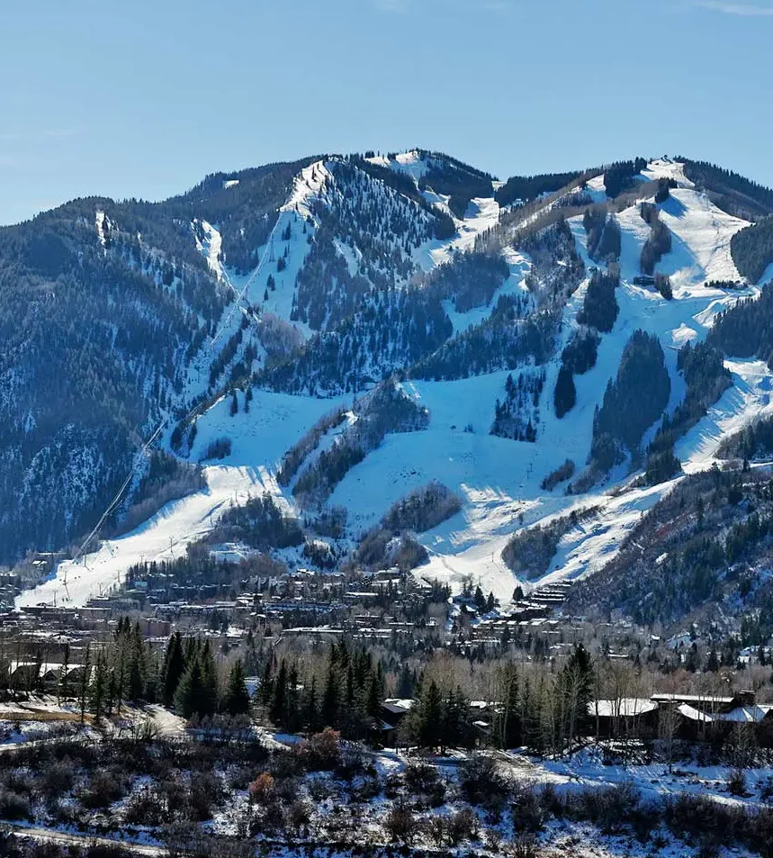 Snow-covered mountain with ski slopes and a forested area below.