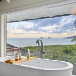 Freestanding bathtub with a scenic view of the ocean, palm trees, and distant islands through large windows.