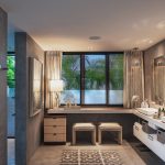 Luxurious bathroom interior with modern decor, featuring a double sink vanity, large mirror, decorative lighting, and tropical views through window blinds.
